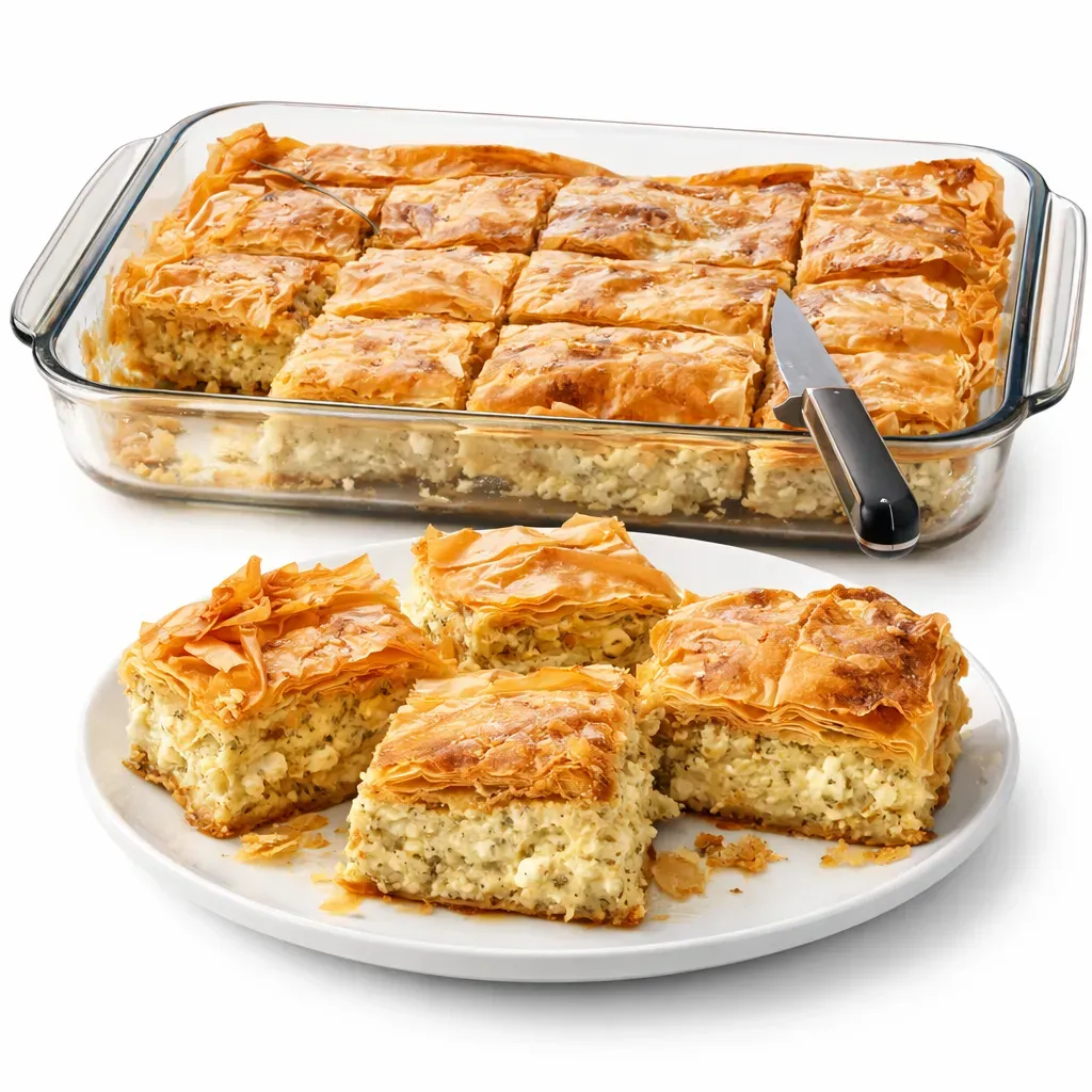 Experience the authentic taste of Greece with this savory Bougatsa, a delicious Greek cheese pie made with phyllo pastry and a rich filling of feta, graviera, and myzithra cheese, perfect as a main course or snack.