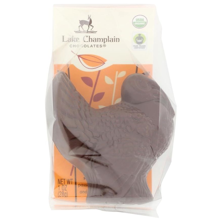 LAKE CHAMPLAIN CHOCOLATES Organic Dark Chocolate Turkey is a one-ounce chocolate treat made from high-quality organic cocoa beans. This artisanal chocolate is handcrafted in Vermont by Lake Champlain Chocolates, a renowned chocolate company known for its commitment to using ethically sourced, organic ingredients.