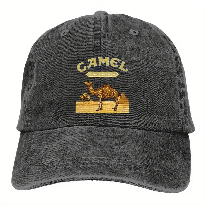 Adjustable Baseball Cap with Camel Desert Scene Design. Lightweight, Machine Washable, suitable for Outdoor use.
