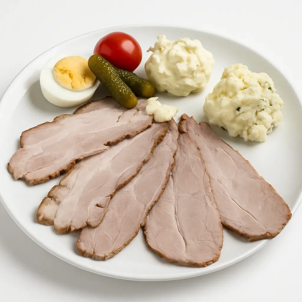 Indulge in an authentic Austrian experience with this Cold Snack Roast, perfect for a traditional "Hauerjause". Slow-roasted pork neck and belly unite with savory root vegetables for a delightful centerpiece or elegant appetizer.