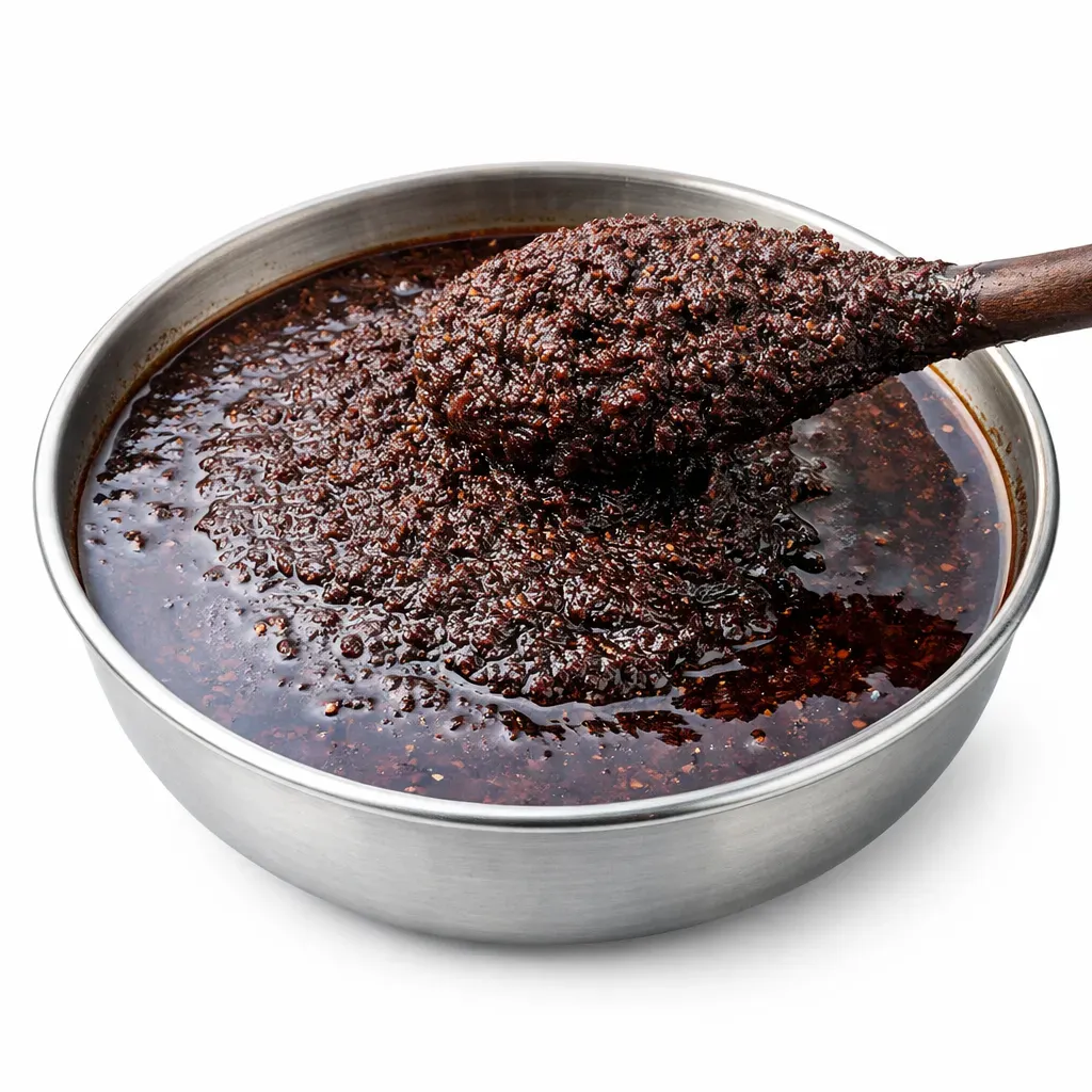 A bold and spicy black chili sauce that is a staple in Ghanaian cuisine, perfect for complementing rice and other dishes.