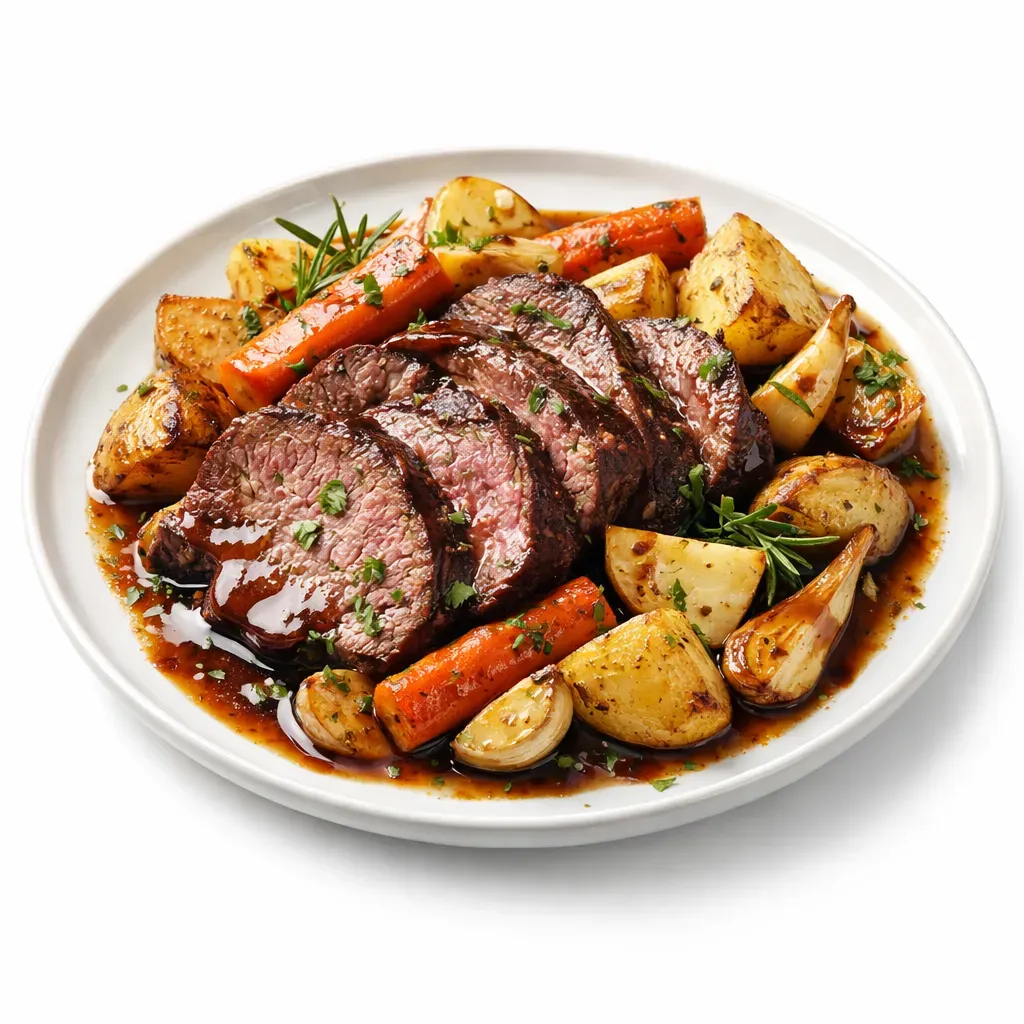A tender and flavorful reindeer roast seasoned with aromatic spices and served with hearty root vegetables, perfect for cozy dinners or festive occasions.