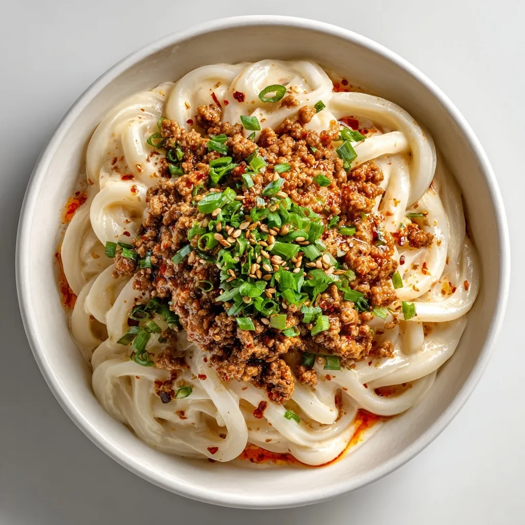 A high-protein, dairy-free noodle dish combining rich tahini and tofu sauce with spicy ground chicken, perfect for a satisfying meal.