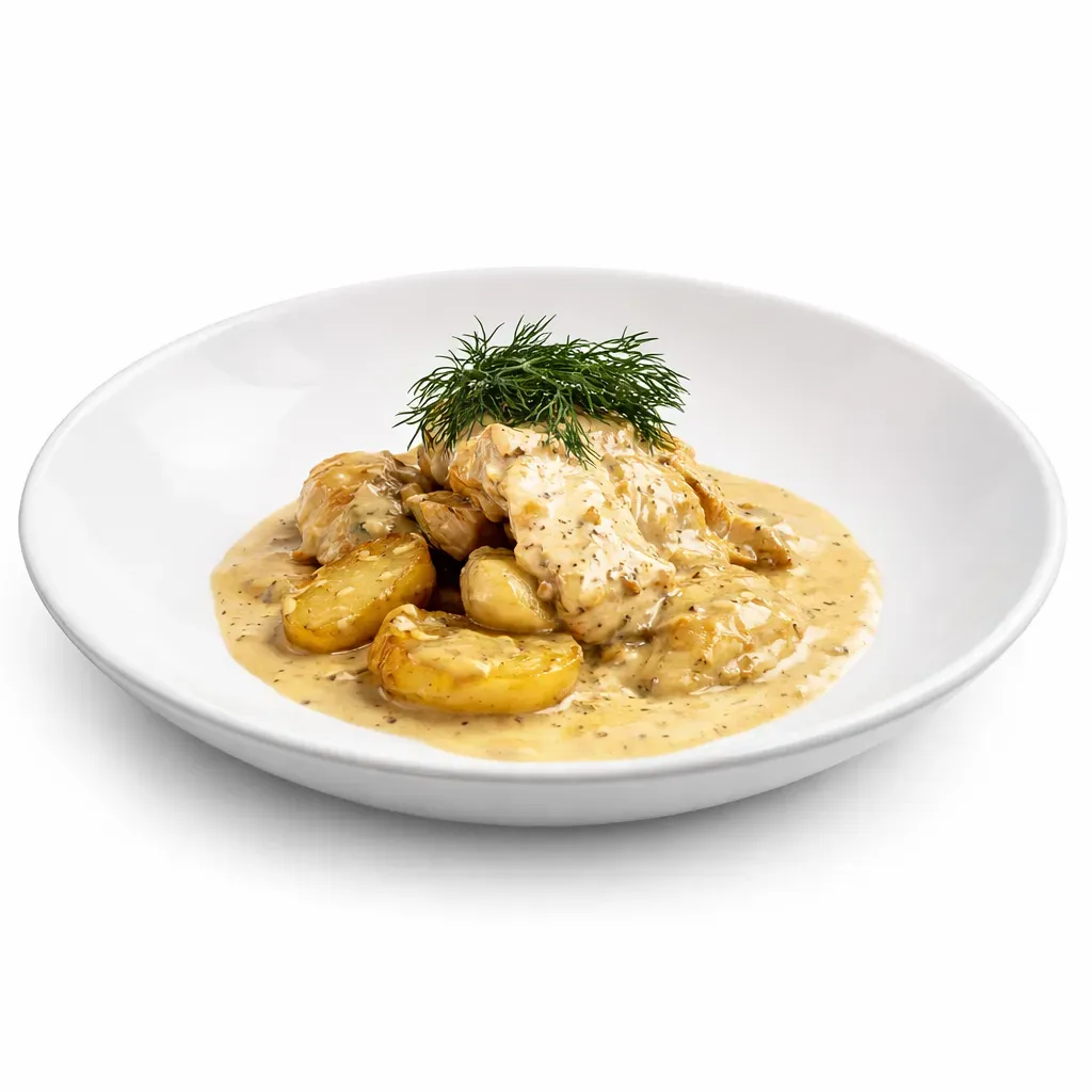 A classic dish from Normandy featuring pan-fried chicken breast, caramelized apples, and a creamy Calvados-infused sauce, ideal for dinner parties or cozy nights.