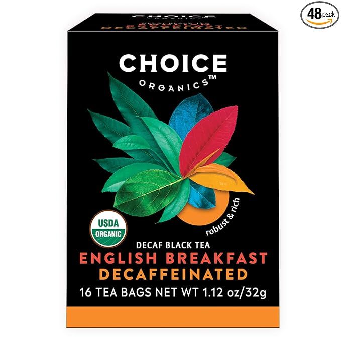 Choice Organics Organic Decaffeinated English Breakfast Tea is a high-quality, fair trade tea made with organic ingredients. This 3-pack includes 48 black tea bags that are both biodegradable and compostable, making it an environmentally friendly choice for tea lovers.