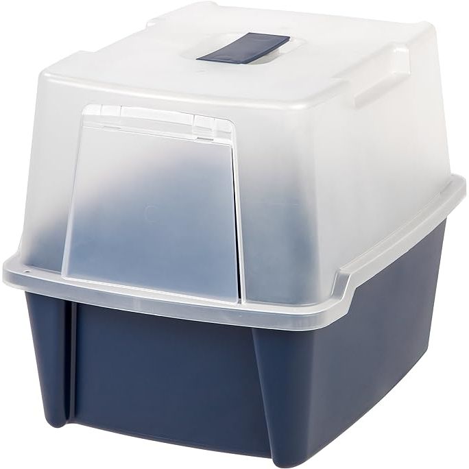 The IRIS USA Cat Litter Box Enclosure is a hooded litter tray designed for cats to have privacy while using the restroom. It comes with a front door flap to keep litter inside the box and reduce mess around the house. The navy color of the enclosure adds a stylish touch to any room and the portable design allows for easy placement and cleaning.