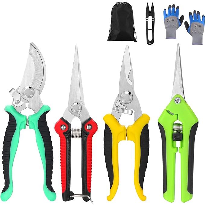 The 5 pack Garden Pruning Shears set includes stainless steel blades that are durable and long-lasting. The handheld scissors come with gardening gloves for added protection while pruning. These heavy-duty garden bypass pruning shears are designed for professional use, making them ideal for trimming trees or shrubs in your garden.
