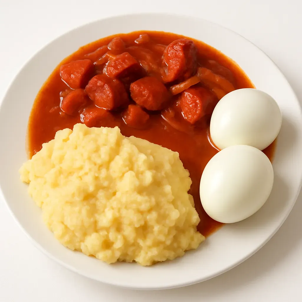 A hearty and comforting Angolan dish combining savory chorizo, tomato sauce, soft cornmeal porridge, and hard-boiled eggs, perfect for those seeking international flavors or comfort food with an exotic twist.