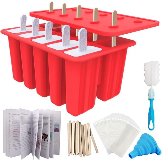 Miaowoof Homemade Popsicle Molds Shapes is a set of 10 silicone ice pop makers that are non-BPA and safe to use. The set includes 50 sticks, 50 bags, 10 reusable sticks, a funnel, a brush, and ice pop recipes. This allows for easy and convenient popsicle making at home.