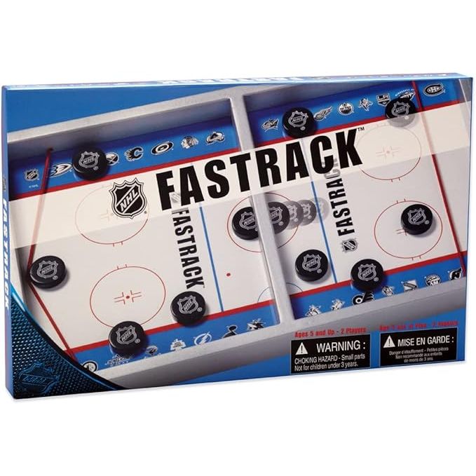 Blue Orange Games Fastrack NHL is a fast-action dexterity game that combines hockey and strategy in a compact and portable wooden board. The game is designed for two players, each controlling a team of players that slide pucks across the board to score goals.