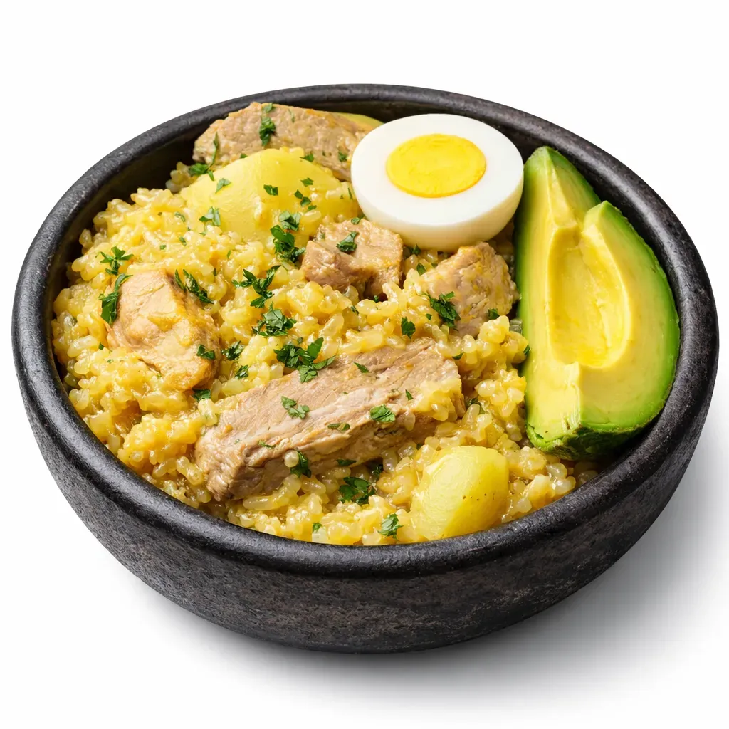 Arroz Atollado is a cherished traditional dish from Colombia's Valle del Cauca region, featuring a rich blend of pork ribs, longaniza, chicken, and potatoes in a savory tomato and onion base.