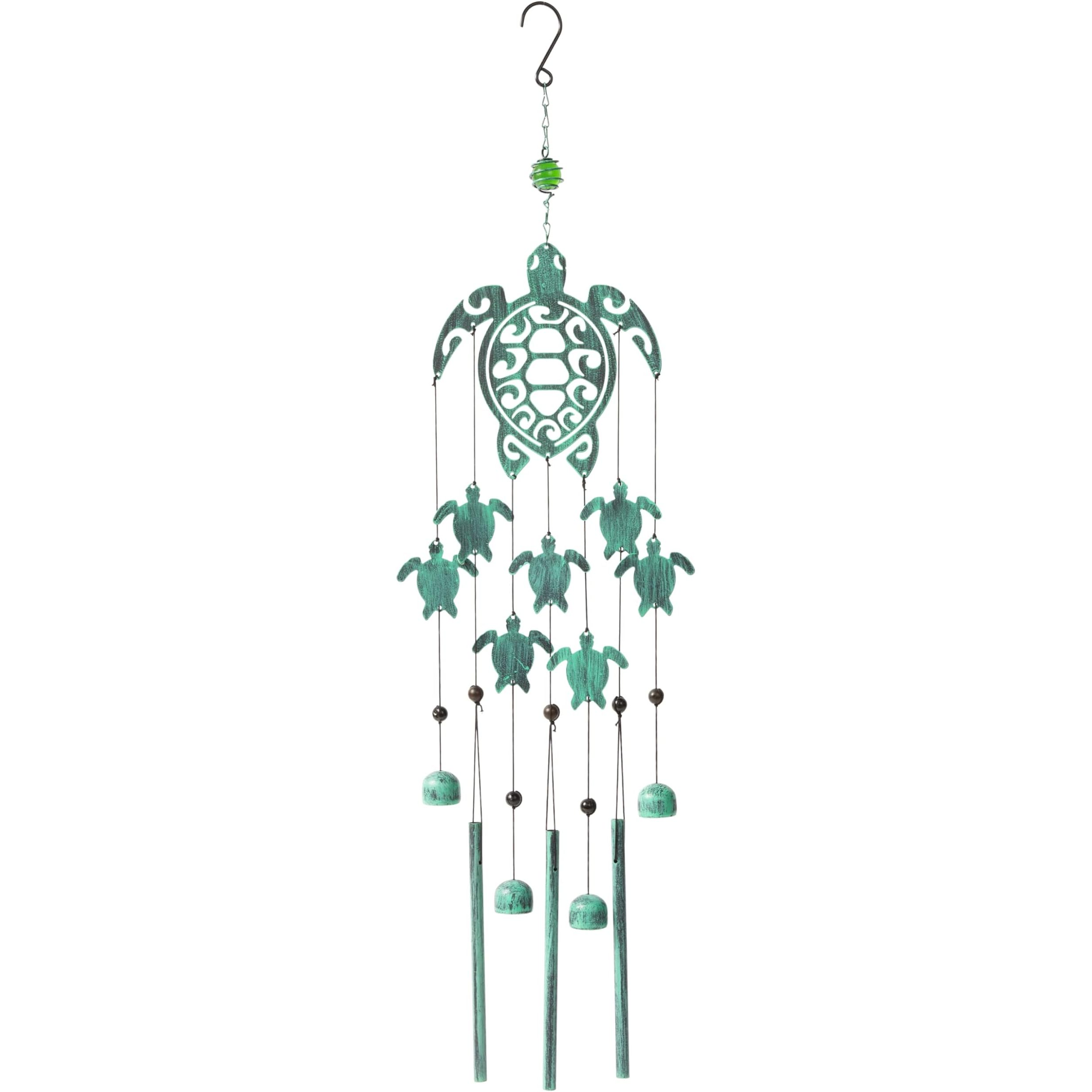 Experience the calming and tranquil tones of the Rustic Sea Green Tribal Turtles wind chime. Crafted from high-quality Iron, this elegant piece is perfect for elevating any space, from your bedroom porch to your backyard. Let the soothing sounds of wind chimes help you relax and unwind after a long day.