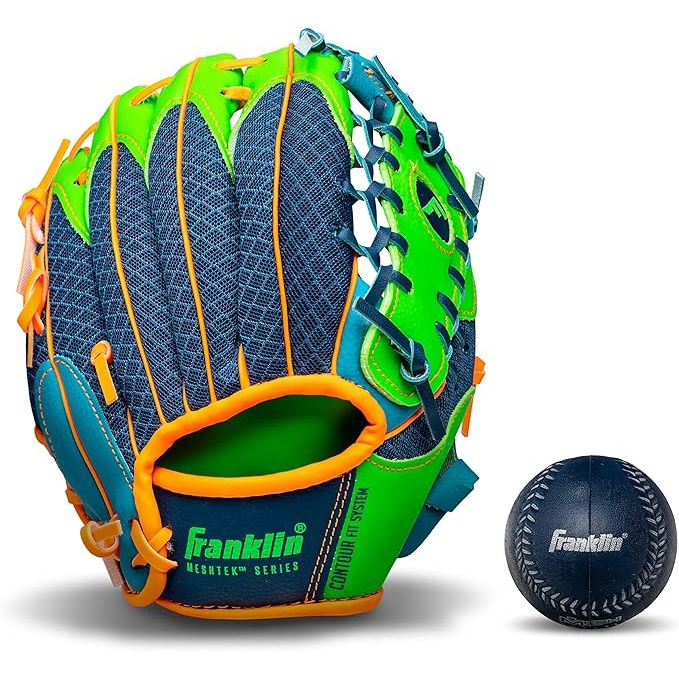 The Franklin Sports Kids Baseball Glove + Ball Sets are designed for young children and toddlers who are just starting to learn how to play tee-ball. The set includes a 9.5" inch Meshtek youth tee-ball glove that is suitable for both left and right-hand throwers.