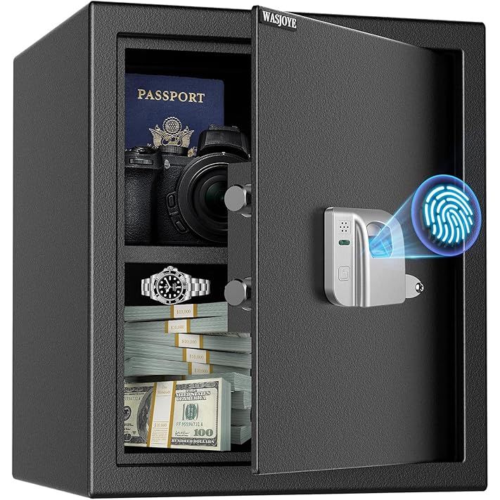 The WASJOYE 2.0 Cu ft Biometric Fingerprint Safe Box is a secure and fireproof storage solution for keeping valuables and important documents safe at home, in the office, or even in a hotel room. This safe box features advanced biometric fingerprint technology that allows for quick and secure access to the contents inside.