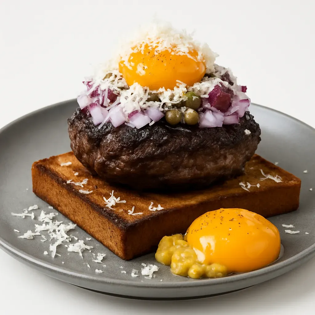 Experience a taste of Danish tradition with Pariserbøf, an open-faced sandwich with a minced beef patty, adorned with vibrant condiments and a raw egg yolk.