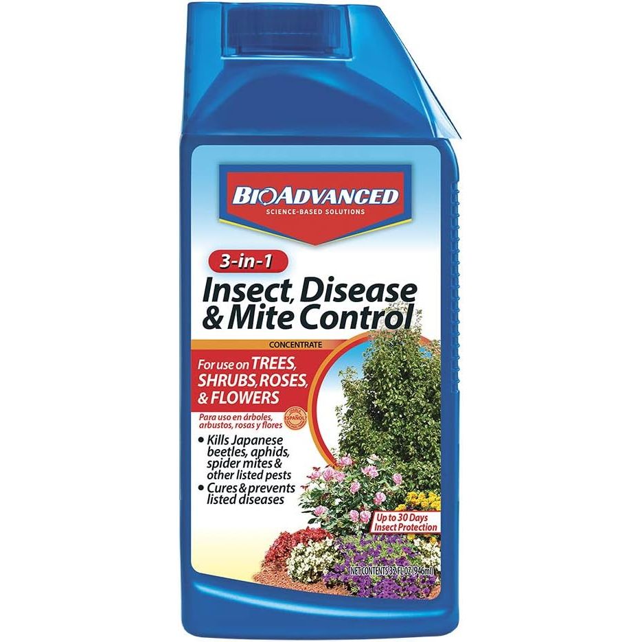 BioAdvanced 3-In-1 Insect, Disease and Mite Control is a concentrated formula designed to effectively kill and control insects, diseases, and mites on a variety of plants. This product comes in a 32 oz container and is intended for use in gardens, landscapes, and around the home.