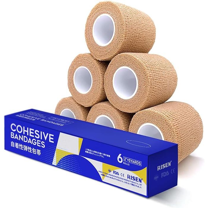 The RISEN Cohesive Bandage is a self-adherent wrap medical tape that is ideal for use in first aid applications. Each roll measures 2 inches wide and 5 yards in length, providing ample coverage for various wound and injury types. The pack contains six rolls, offering convenience and value for individuals and medical professionals alike.