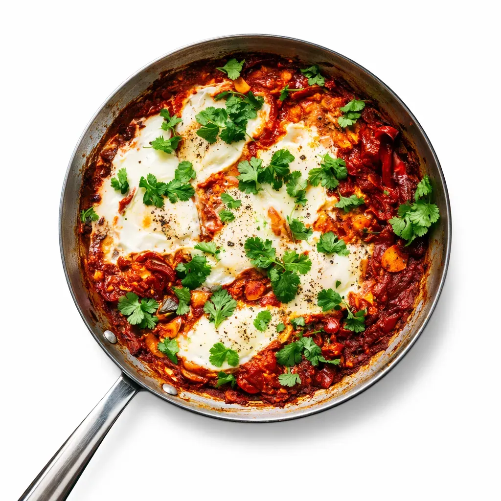 Experience the richness of the Middle East with this traditional dish featuring baked eggs nestled in a fragrant tomato and bell pepper sauce, topped with creamy feta cheese.