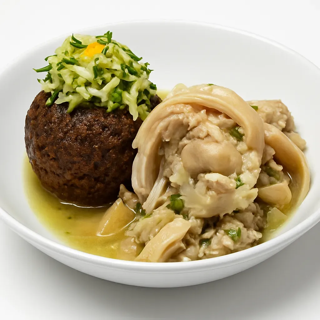 Experience the authentic flavors of Barbados with this classic dish that combines sweet potato pudding with tangy, pickled pork.