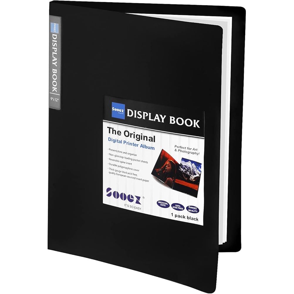 The Sooez 30-Pocket Binder with Plastic Sleeves is a heavy-duty art portfolio folder designed to display and protect your artwork and documents. Measuring 9x12 inches, this black binder can hold up to 60 pages with its 30 plastic sleeves that are perfect for storing and organizing your important papers.