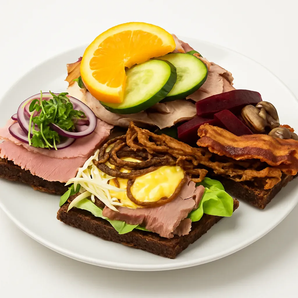 Experience a delightful journey into Danish culinary tradition with these classic Smørrebrød sandwiches, enjoyed as appetizers or relaxed lunches, showcasing a blend of meats, sauces, and fresh garnishes on rye bread.