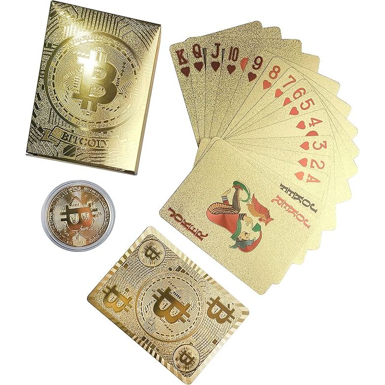 The Bitcoin Waterproof Gold Playing Cards are a unique and stylish set of playing cards designed with a Bitcoin theme. The cards are waterproof, making them durable and long-lasting, perfect for use during outdoor activities or pool parties.