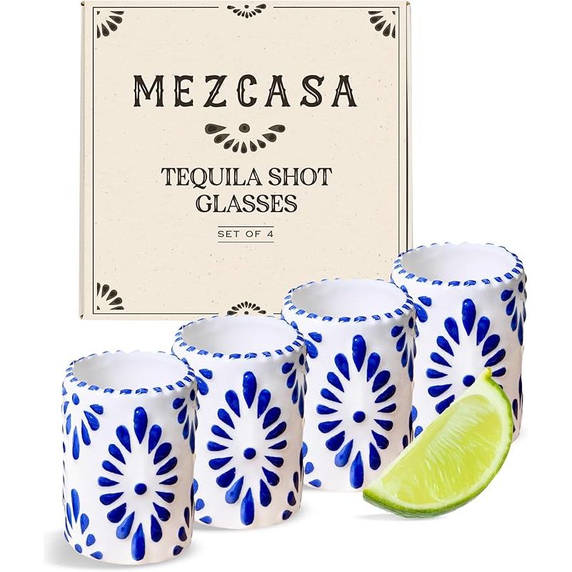 These Talavera Shot Glasses are 100% handmade ceramic tequila shot glasses featuring a traditional Talavera Mexican pottery design. Each shot glass is carefully crafted by skilled artisans ensuring a high level of quality and authenticity. The blue color of the set of 4 shot glasses adds a vibrant and festive touch to any gathering or celebration.