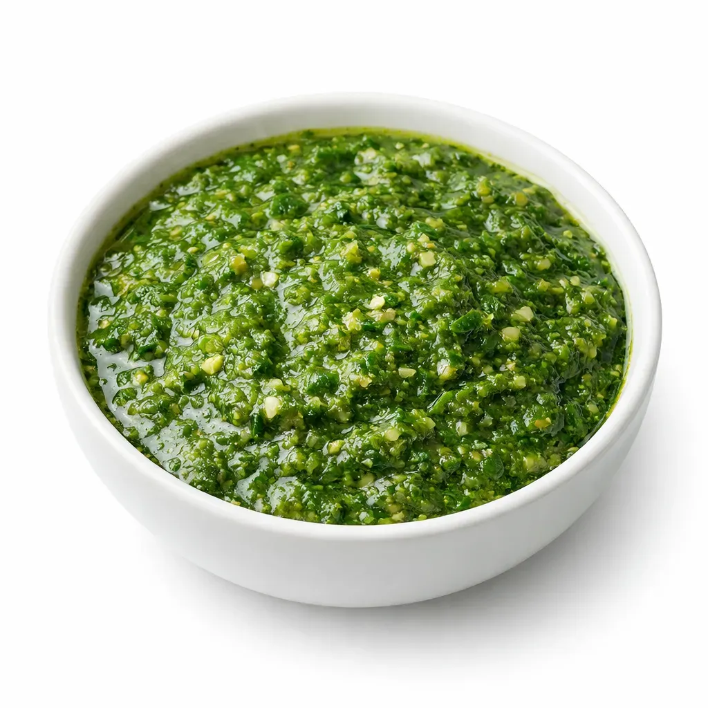 A spicy Yemenite condiment made with fresh green hot peppers, cilantro, and garlic, perfect for adding heat and flavor to various dishes.