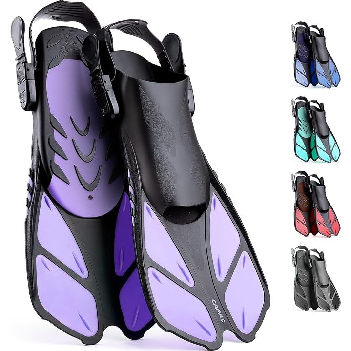 CAPAS Snorkel Fins are adjustable swim fins designed for snorkeling, diving, and other water activities. These fins are suitable for adults, men, women, and kids and are designed for use with open heel straps. The short length and travel size construction make them easy to pack and convenient for any water adventure.