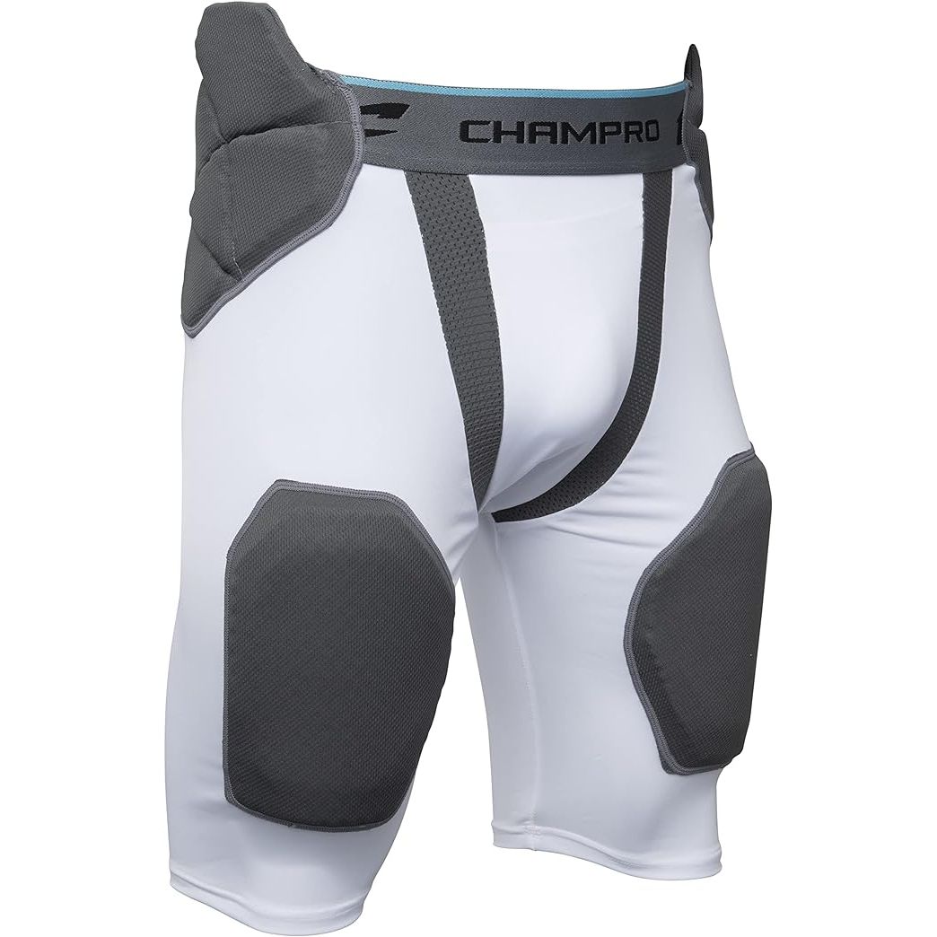 The CHAMPRO Tri-Flex Integrated 5-Pad Football Girdle is a piece of protective equipment designed to provide padding and support to football players during games and practices. The girdle features five strategically placed pads on the hips, thighs, and tailbone to help reduce the risk of injury from impacts on the field.