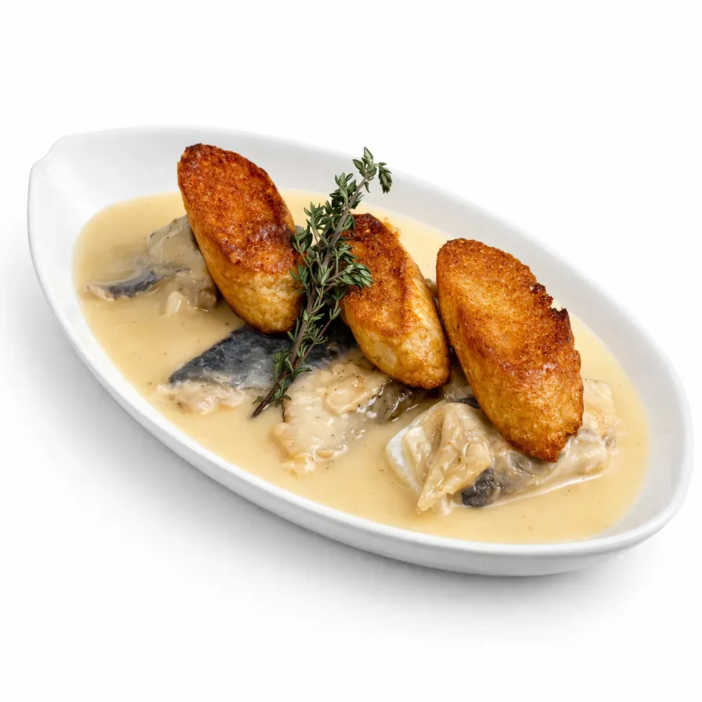 A rustic fish stew from Burgundy combining assorted river fish, aromatic herbs, and white wine, served with garlic-rubbed croutons.