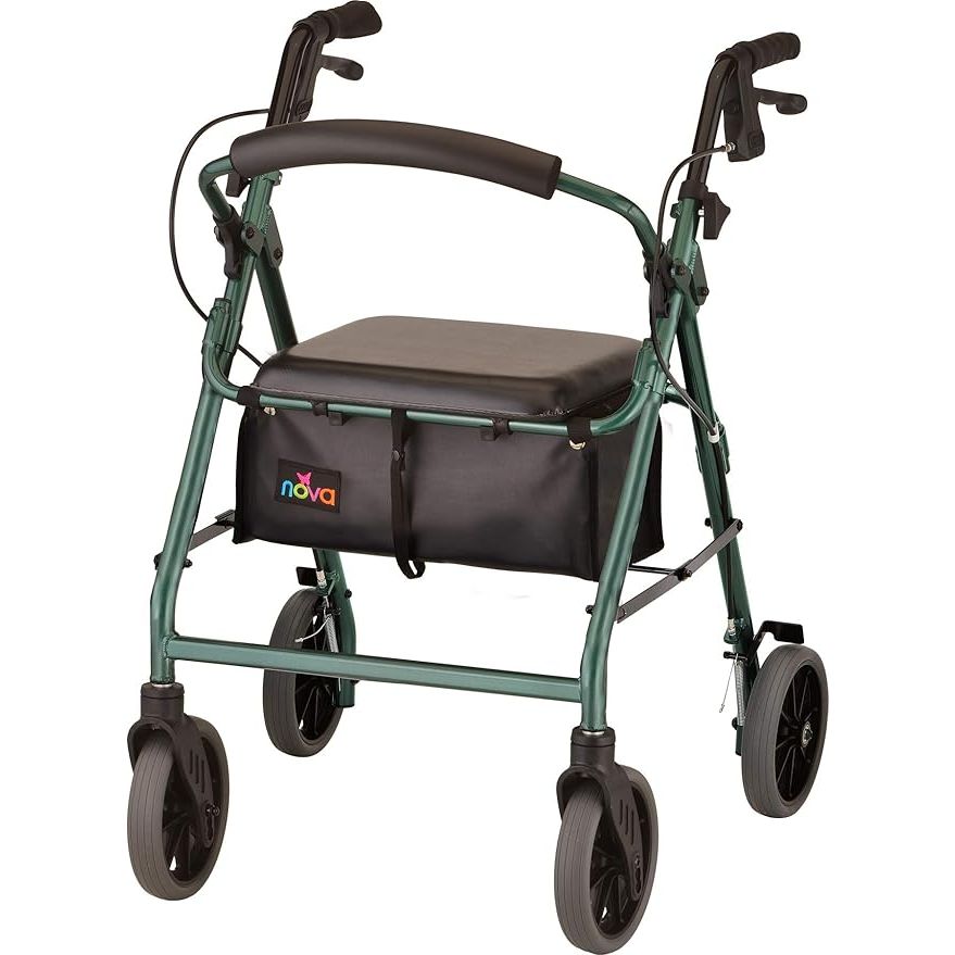 The NOVA Medical Products Zoom Rollator Walker is a wheeled mobility aid designed to provide support and stability for individuals with limited mobility. This particular model features 8-inch wheels that provide smooth maneuverability both indoors and outdoors.
