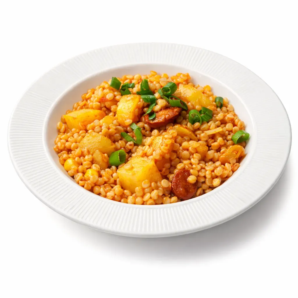 This comforting one-pot shepherd pasta dish combines smoked sausage, potatoes, bell peppers, and aromatic spices in a thick tomato sauce, perfect for colder days.