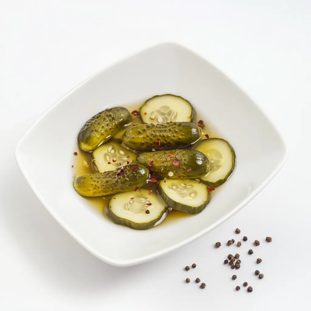 Gewürzgurken, or spiced pickled cucumbers, are a traditional German delicacy often served as a side dish or condiment. The process involves pickling fresh cucumbers in a brine of vinegar, water, and a blend of spices like dill, mustard seeds, and coriander. Bay leaves and peppercorns are often added to enhance the complex flavor profile. After the cucumbers are submerged in the spiced brine, they are left to ferment for several weeks, which develops their characteristic tangy taste and crisp texture. These spiced pickles are a staple in German cuisine and pair wonderfully with sandwiches, burgers, and cold cuts, or can be enjoyed on their own as a zesty snack.