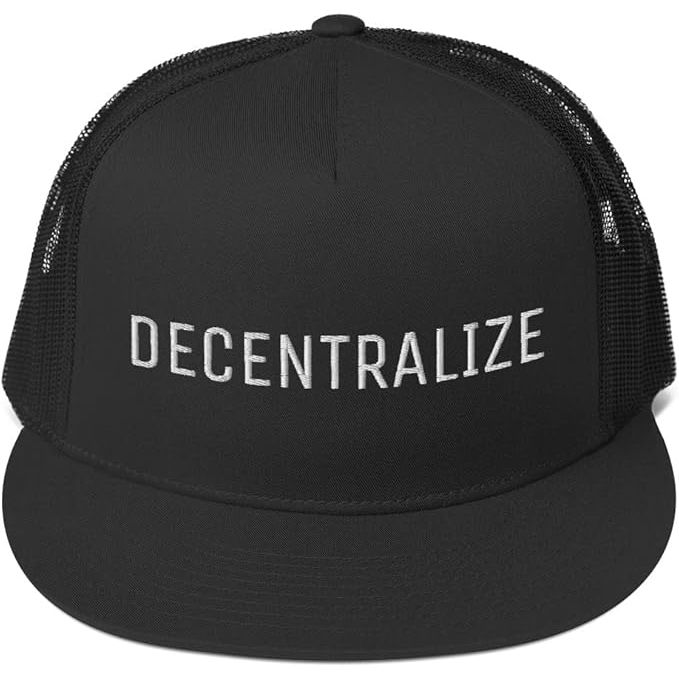 The Decentralize Hat is an embroidered trucker cap that features a unique design related to blockchain technology and cryptocurrency. The phrase "Decentralize" is often associated with the concept of decentralization, a key principle of blockchain technology.