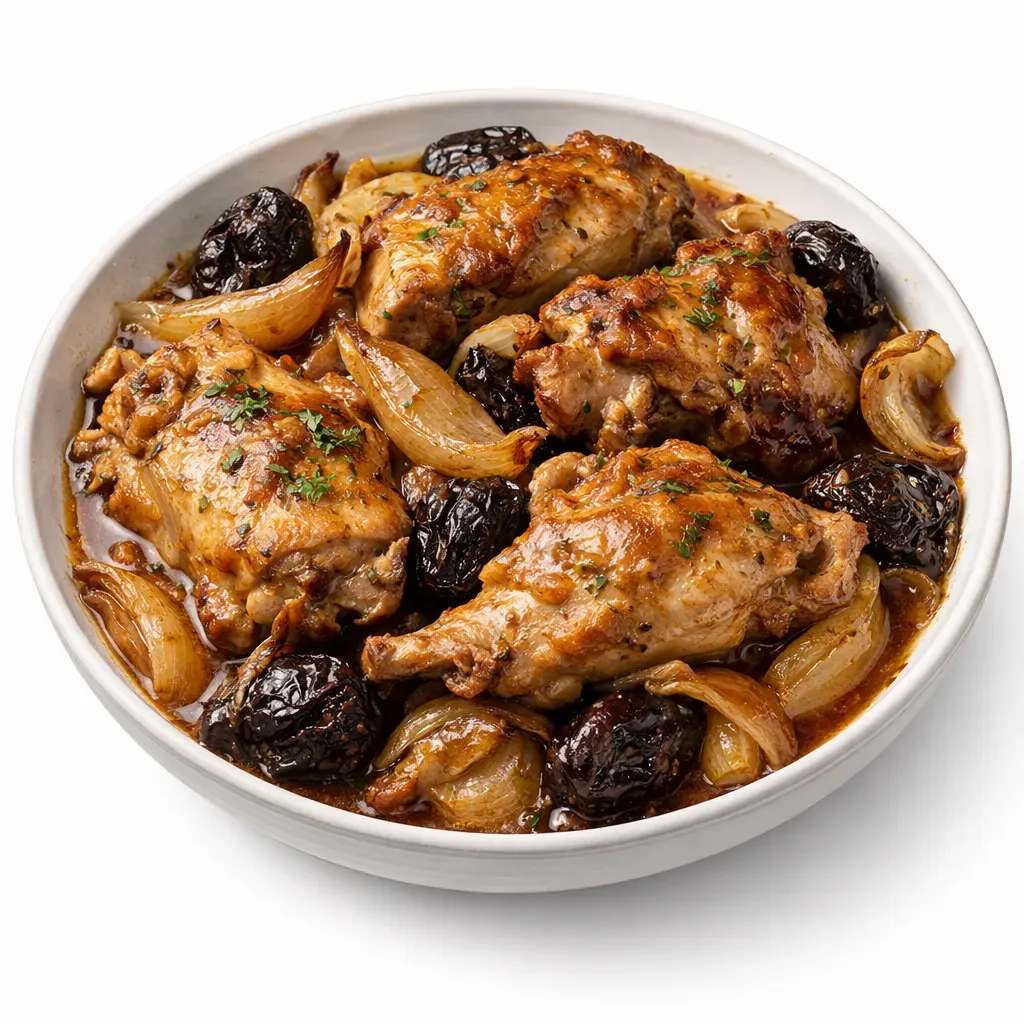 A classic dish from Northern France showcasing rabbit slow-cooked in Gueuze beer with onions and prunes, perfect for cold evenings.