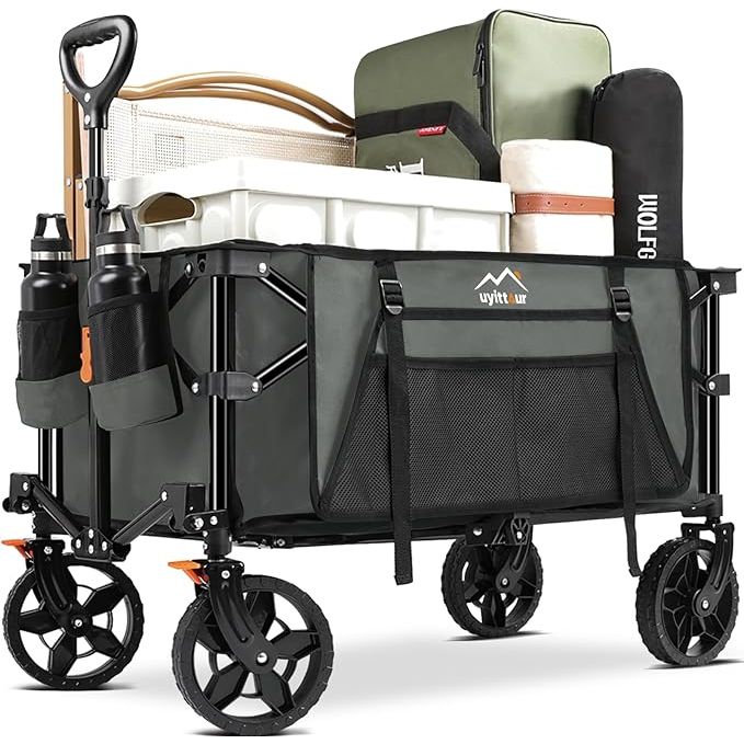 The Wagon Cart Heavy Duty Foldable is a versatile and durable wagon that is perfect for a variety of uses such as shopping, sports events, camping, and gardening. It features a heavy-duty construction with a sturdy steel frame and durable fabric that can support up to 160 pounds of weight.