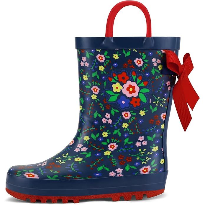 K KomForme Kids Rain Boots are designed to keep little feet dry and comfortable in wet weather. Made from waterproof rubber material, these adorable boots feature a fun printed design that kids will love. The two handles on each boot make it easy for kids to pull them on and take them off independently, promoting self-sufficiency.