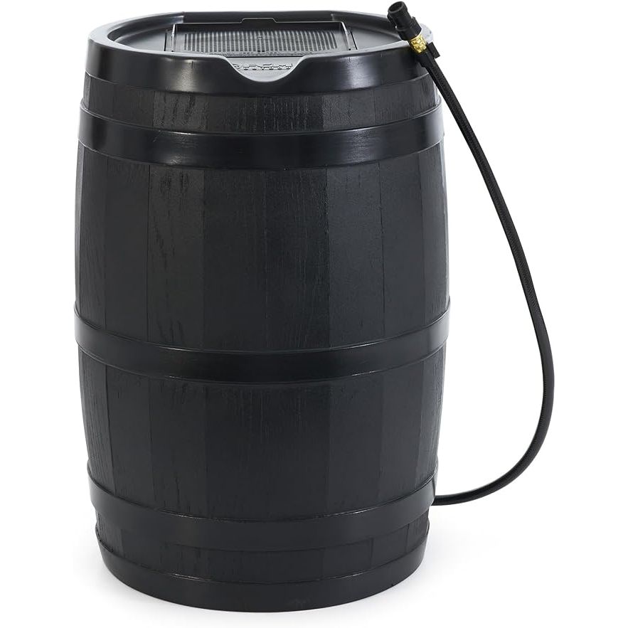 The FCMP Outdoor RC45-BLK Rain Barrel is a 45-gallon water rain catcher barrel designed for collecting and storing rainwater to use for watering outdoor plants, gardens, and landscapes. It features a flat back design that allows it to sit flush against the side of a building or house, saving space in your outdoor area.