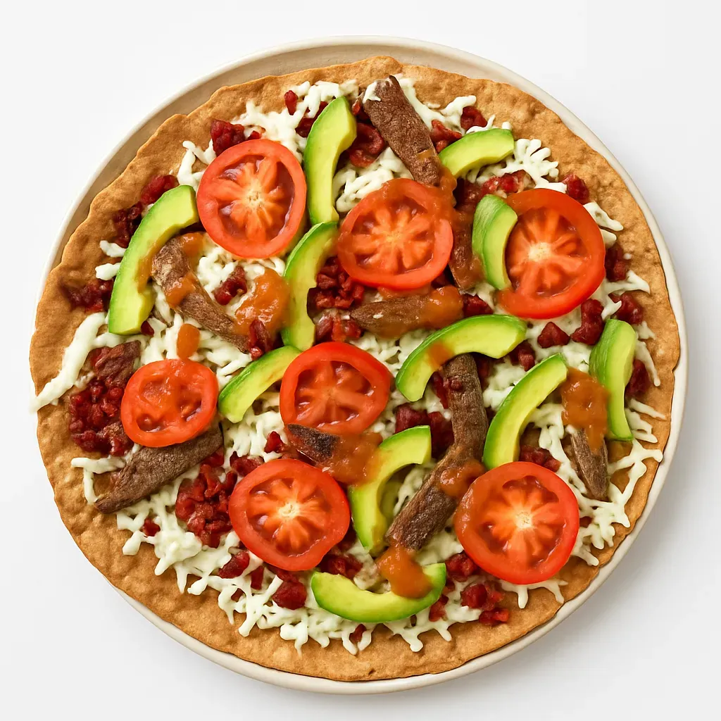 Transport yourself to the vibrant streets of Oaxaca with this iconic dish featuring a large, crispy tortilla topped with savory beans, rich meats, fresh vegetables, and tangy salsa.