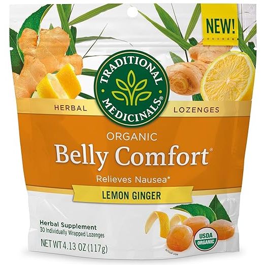 Traditional Medicinals Organic Belly Comfort Lemon Ginger Lozenges are a natural remedy for nausea relief. Each pack contains 30 lozenges made with organic ingredients like ginger and lemon, known for their soothing properties on the digestive system. These lozenges are USDA Certified Organic, Non-GMO Project verified, and caffeine-free.