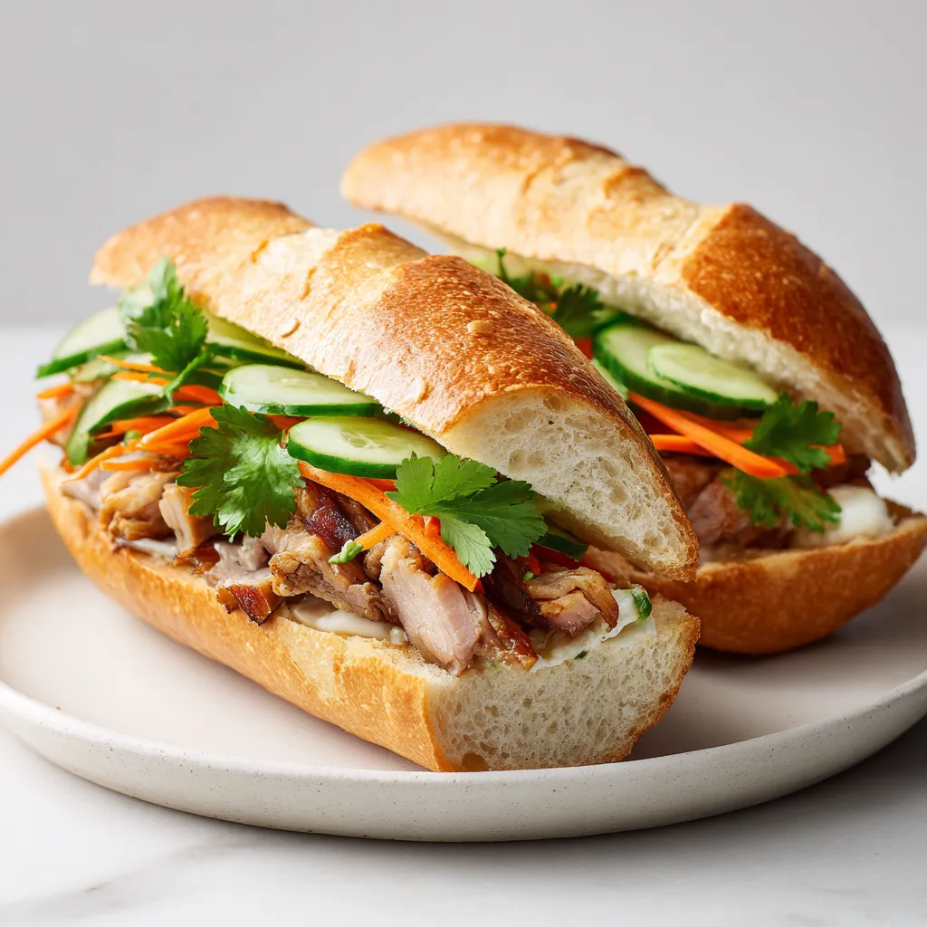 A high-protein Vietnamese sandwich featuring roasted pork, pickled vegetables, and fresh herbs on a crispy baguette.
