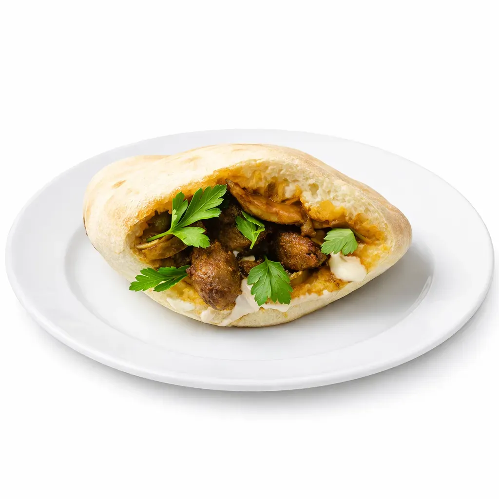 Experience the vibrant flavors of Jerusalem with this delightful dish that combines the aromatic, spiced meats of the Jerusalem Mixed Grill, served in fluffy, homemade pita pockets. Savor the essence of the Middle East in every bite, enhanced by creamy tahini and fresh parsley.