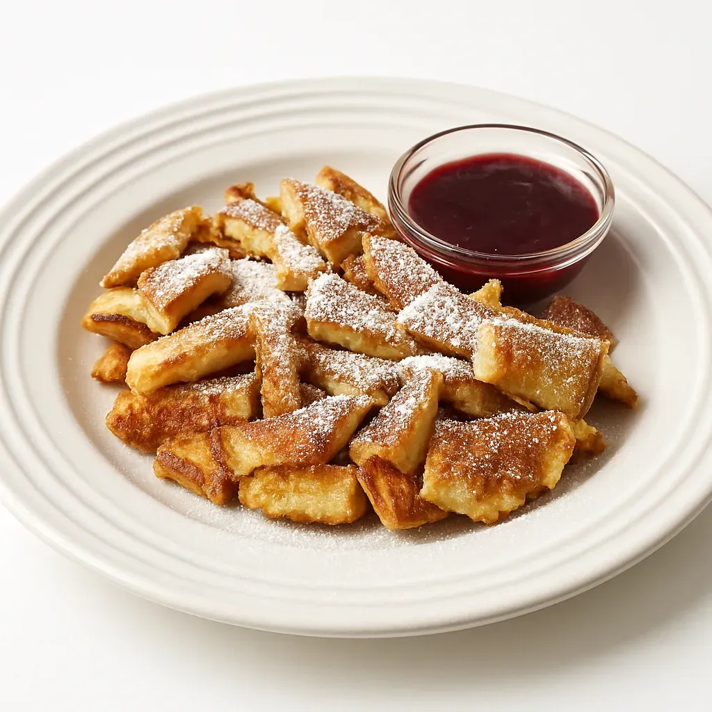 A delightful torn pancake from Austria, known as 'Emperor's Mess', perfect for dessert or a decadent brunch, typically served with plum preserves.