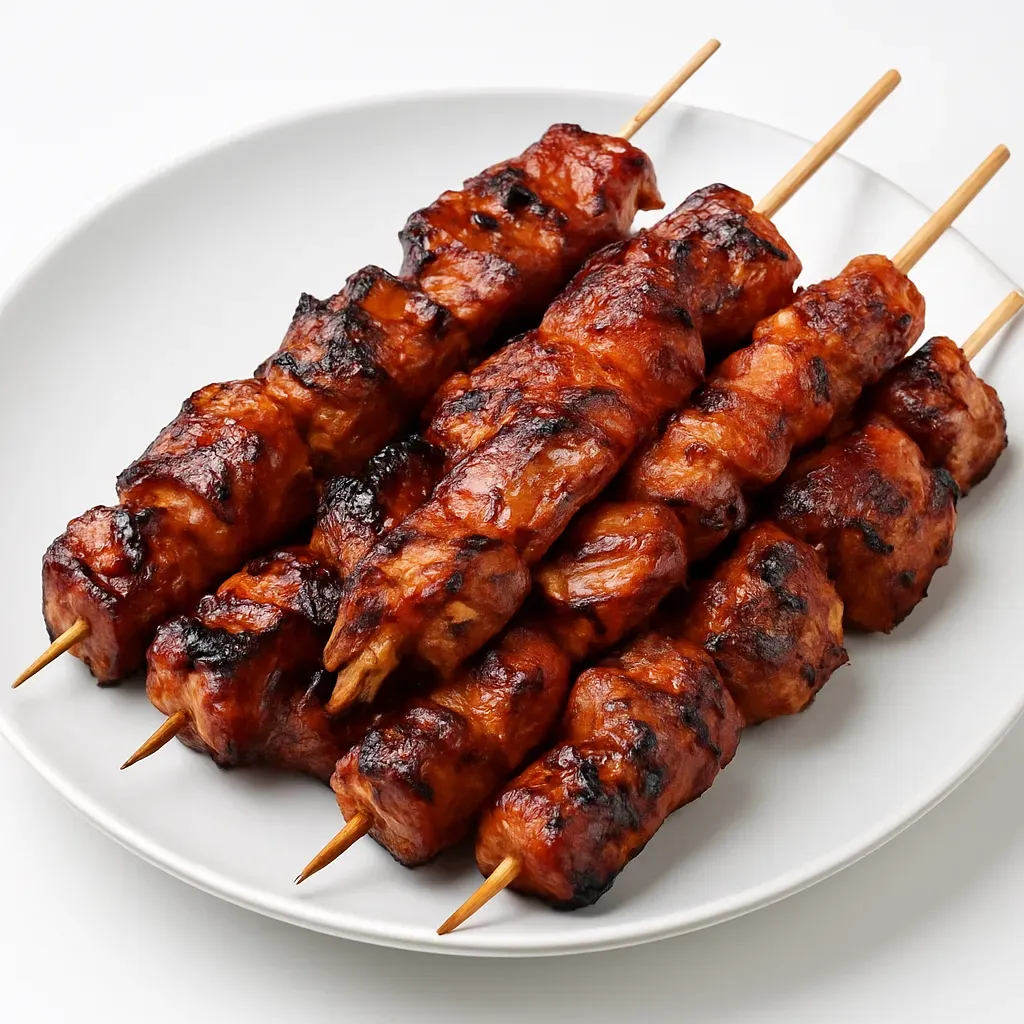 Enjoy vibrant flavors with grilled marinated pork skewers infused with homemade sofrito, ideal for gatherings and served with toasted Pan de Agua.