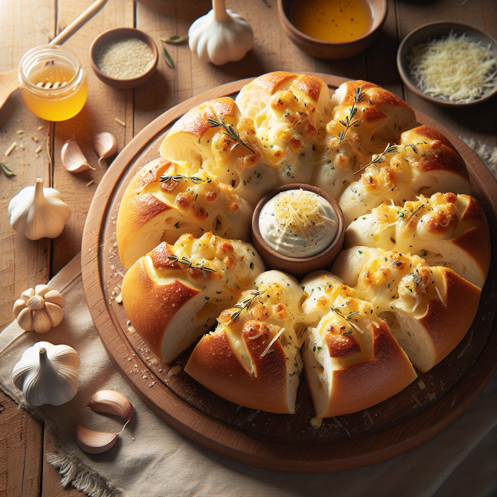 Korean-Style Cream Cheese Garlic Bread is a popular Korean street food that has gained international acclaim for its rich and decadent flavors. The dish features a round loaf of bread sliced into wedges but still connected at the base, creating a flower-like appearance.