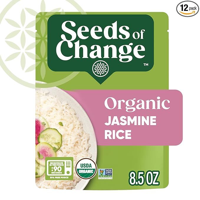 SEEDS OF CHANGE Organic Aromatic Jasmine Rice is a convenient and microwavable option for those looking for a quick and easy meal. Each pack contains 8.5 ounces of rice, perfect for a single serving or to be shared as a side dish. With a pack of 12, you can stock up on this delicious and organic rice to have on hand for meals throughout the week.