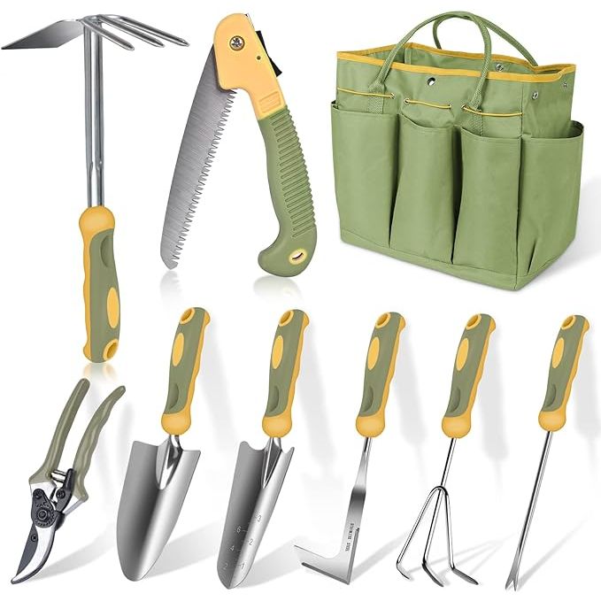 The WisaKey 9 Piece Stainless Steel Garden Tool Set is a high-quality and durable set of gardening tools designed for both men and women. The set includes a trowel, transplanter, weeder, cultivator, hand rake, pruning shears, garden gloves, and a spray bottle, all housed in a sturdy and convenient garden tool bag.