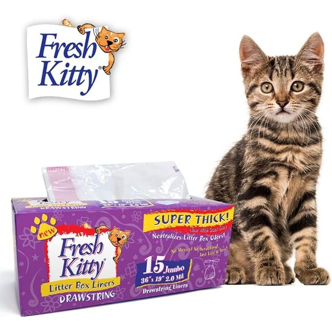 Fresh Kitty litter box liners are designed to make cleaning up after your pet cat a breeze. These liners are jumbo-sized, making them suitable for larger litter boxes. The drawstring closure ensures a secure fit, preventing leaks and spills. 
These liners are made from super thick and durable material, making them tear-resistant and long-lasting.