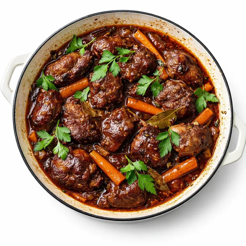 This French/Belgian-inspired dish brings together tender pork cheeks simmered in a luxurious brown beer sauce, served with creamy mashed potatoes and vibrant carrots.